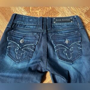 ROCK REVIVAL Fleur de Lis Tab Pocket Debbie‎ Boot Jeans Dark Wash Y2K Denim 26